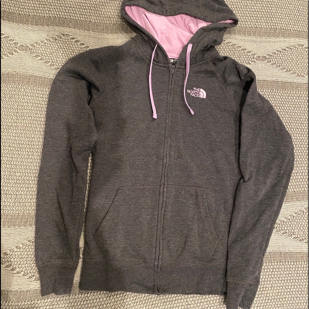 Gray and purple north face zip-up hoodie